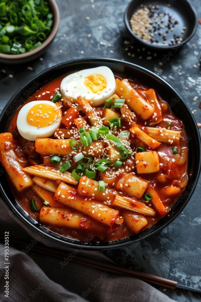 Korean spicy rice cakes (tteokbokki) with boiled eggs and spring onions in a black bowl Korean spicy rice cakes (tteokbokki) with boiled eggs and spring onions in a black bowl