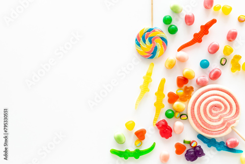 Colorful candies and gummies jelly background. Sweet food and candies pattern