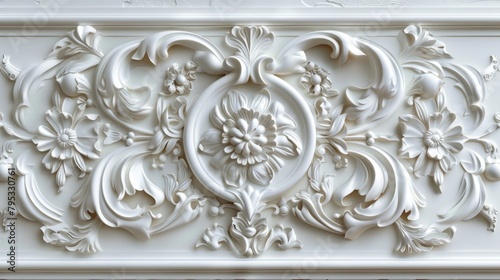 White ornamental plasterwork detail with floral pattern. photo