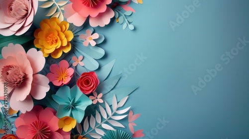 Blossoming Paper Art Flowers on Turquoise Background © Julia Jones