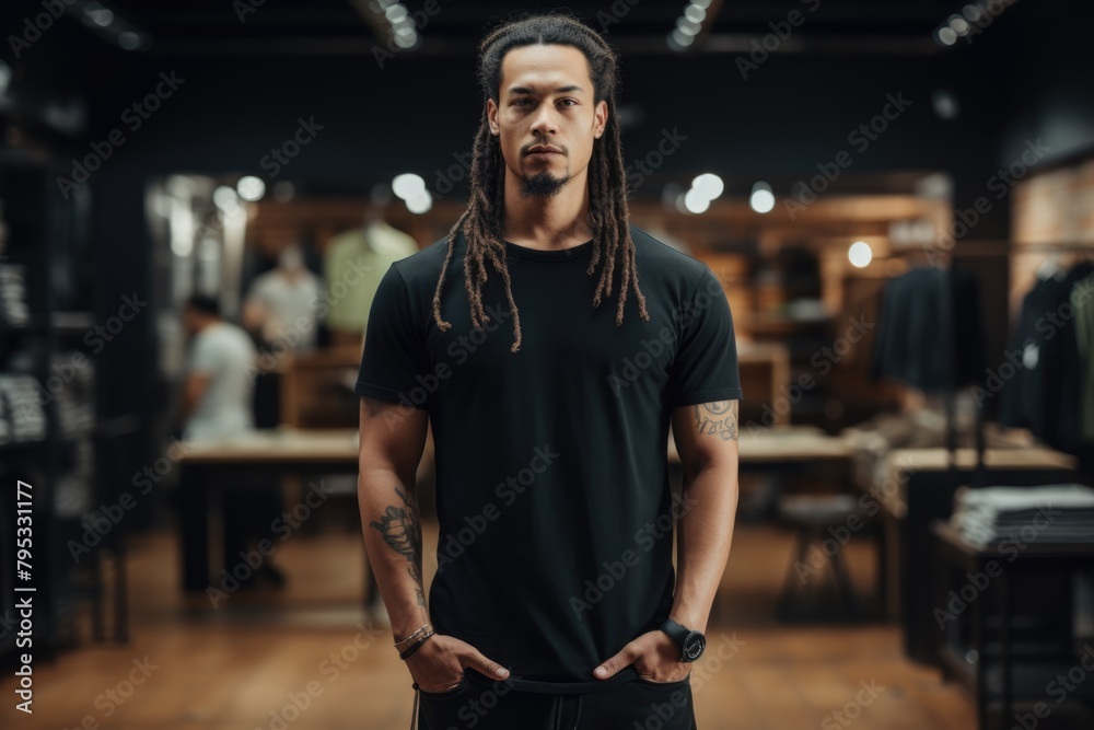 Confident Young Man with Dreads in Urban Clothing Store Confident Young Man with Dreads in Urban Clothing Store