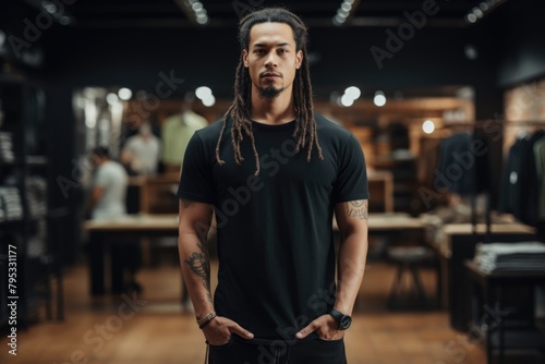 Confident Young Man with Dreads in Urban Clothing Store