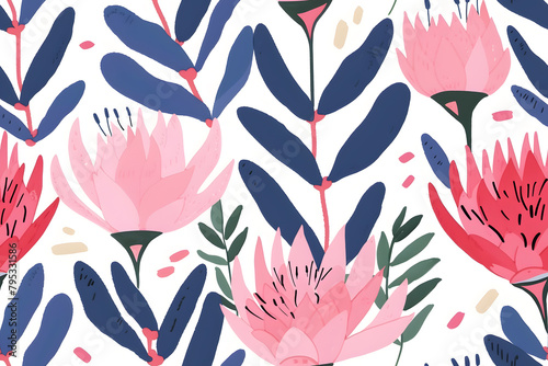 Hand drawn flowers protea seamless pattern