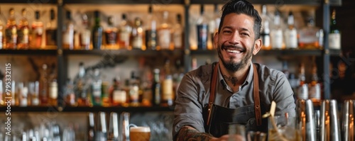 Happy barman standing at bar counter photo