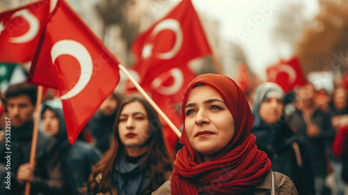 Turkey citizens people men and women on demostration holding turkish flags photo