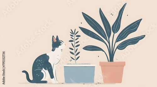 Minimalist Drawing Integrating Pet Care into Home Decor with a Cat Examining its Litter Box and a photo