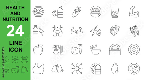 Health and nutrition flat line icon set design modern thin line style of healthy eating related icons: types of healthy and unhealthy foods, vitamins and minerals vegetable, diet icon 
