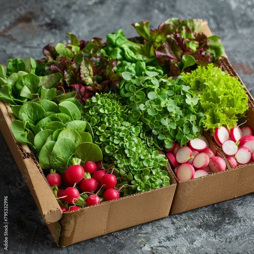 A close up image of a box of different types of salad leaves and microgreens.