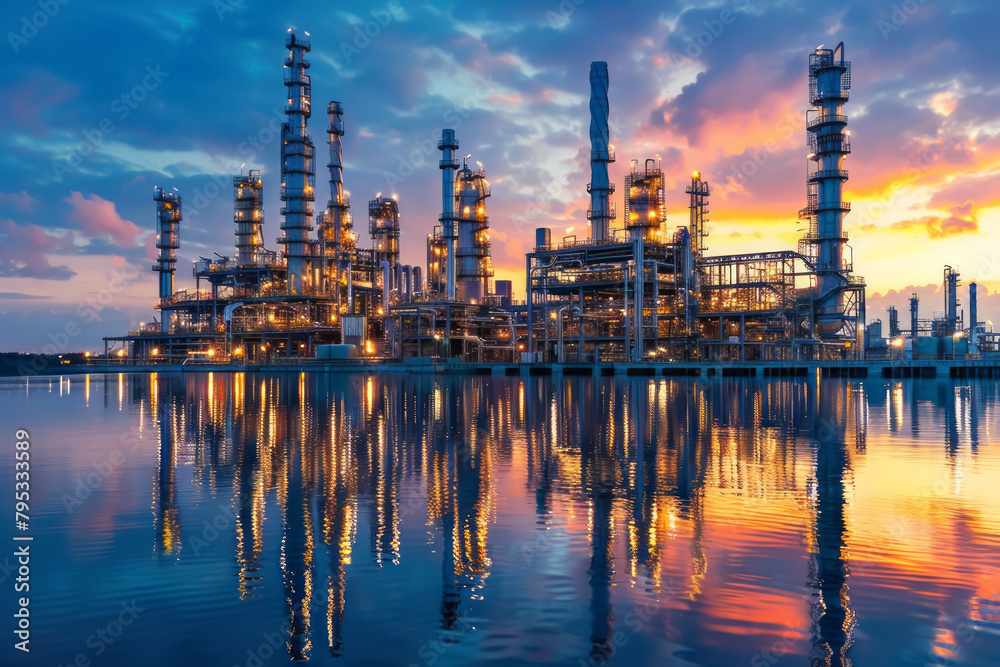 Naklejka premium A large industrial plant is reflected in the water