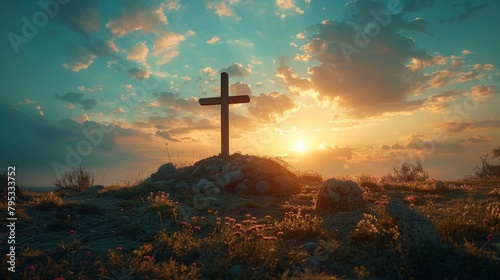 Cross with robe and crown of thorns on hill at sunset, depicting the Calvary and resurrection concept.