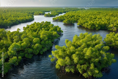 Aerial drone view of mangrove forest sequestering co2 for carbon neutrality concept photo