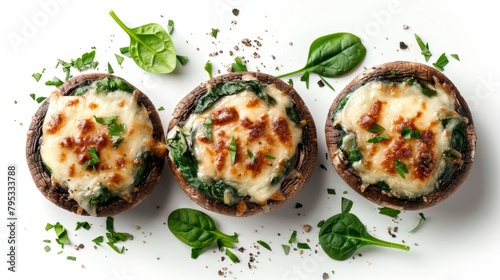 Top view of Portobello mushroom caps stuffed with spinach, garlic, cream cheese, mozzarella, baked bubbly, isolated background, studio lights