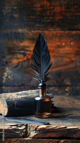 A black feather quill rests in a glass inkwell on a wooden table.