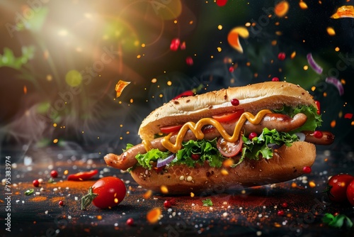fresh hotdog or sausage sandwich with flying ingredients and spices hot ready to serve and eat food commercial advertisement menu banner with copy space area, photography 