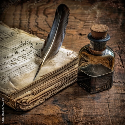 A feather quill rests on a leather-bound book next to a bottle of ink.