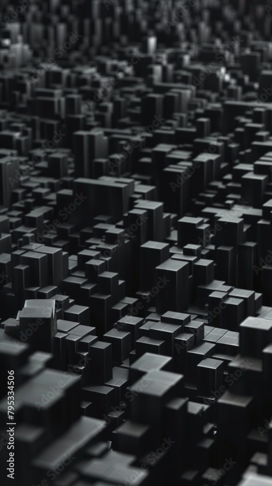 Immerse yourself in the depths of darkness with this abstract landscape. A sea of extruded black blocks, varying in height, creates a mysterious and captivating atmosphere. Immerse yourself in the depths of darkness with this abstract landscape. A sea of extruded black blocks, varying in height, creates a mysterious and captivating atmosphere.