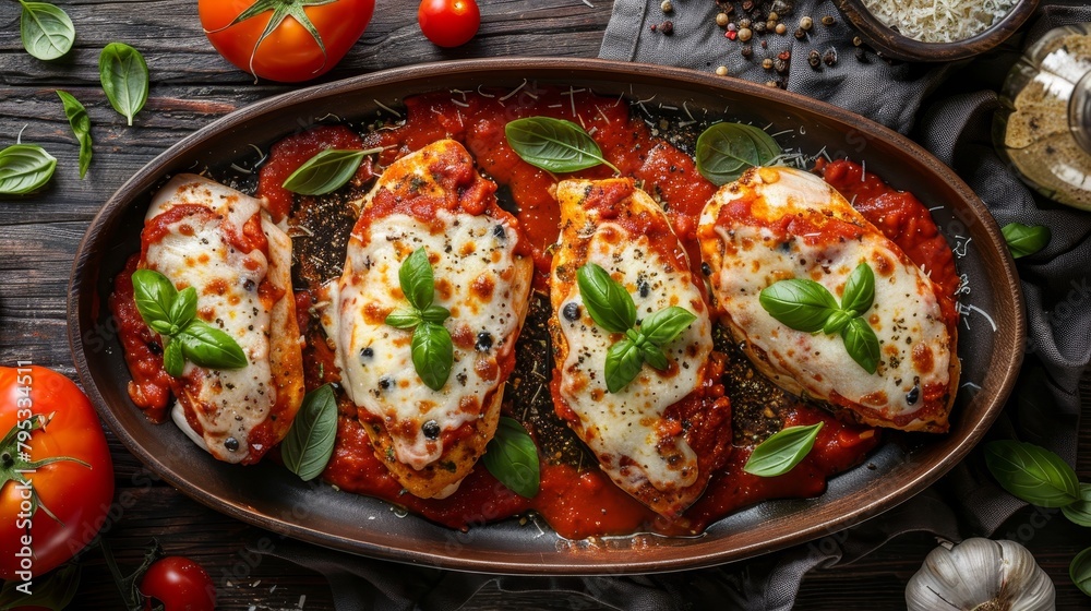 Top view of Mozzarella-Stuffed Chicken Parmesan, chicken breasts stuffed and topped with cheese and sauce, isolated background, studio lighting Top view of Mozzarella-Stuffed Chicken Parmesan, chicken breasts stuffed and topped with cheese and sauce, isolated background, studio lighting