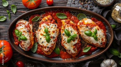 Top view of Mozzarella-Stuffed Chicken Parmesan, chicken breasts stuffed and topped with cheese and sauce, isolated background, studio lighting