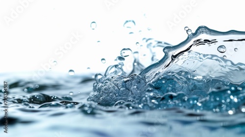 A dynamic splash of transparent blue water, with drops levitating in the air. Liquid creates a feeling of movement and energy. Concept: Vitality and purity of water in motion.