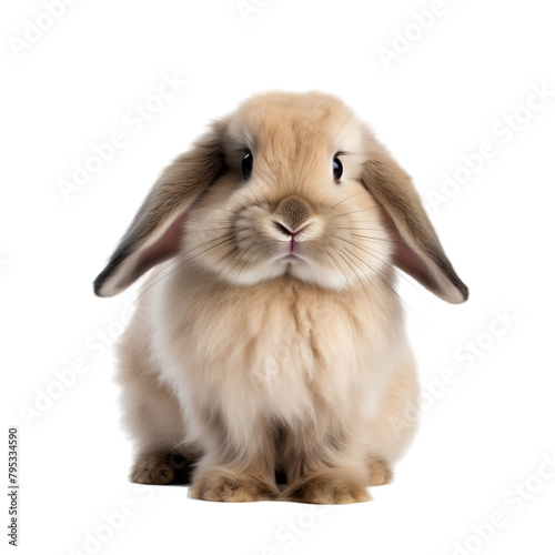 A fluffy lopeared rabbit sits on a white background photo