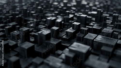 Immerse yourself in the depths of darkness with this abstract landscape. A sea of extruded black blocks, varying in height, creates a mysterious and captivating atmosphere.