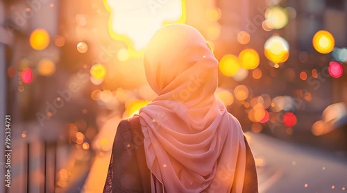 back view. hijab woman walking on city streets with bokeh background photo