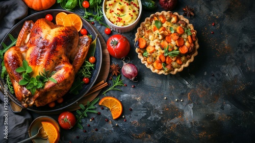 Delicious Thanksgiving turkey dinner. Top view table scene on a rustic white wood banner background. Turkey, mashed potatoes, stuffing, pumpkin pie, and sides.