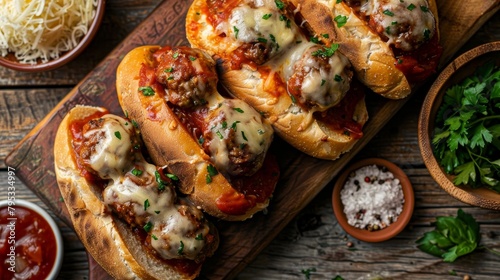 Top view of cheesy meatball subs, ground beef meatballs with garlic and Italian seasoning, smothered in marinara, melted mozzarella, studio lit photo