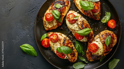 Top view of Caprese stuffed chicken with fresh basil, tomatoes, and mozzarella, baked golden, studio lighting, isolated background