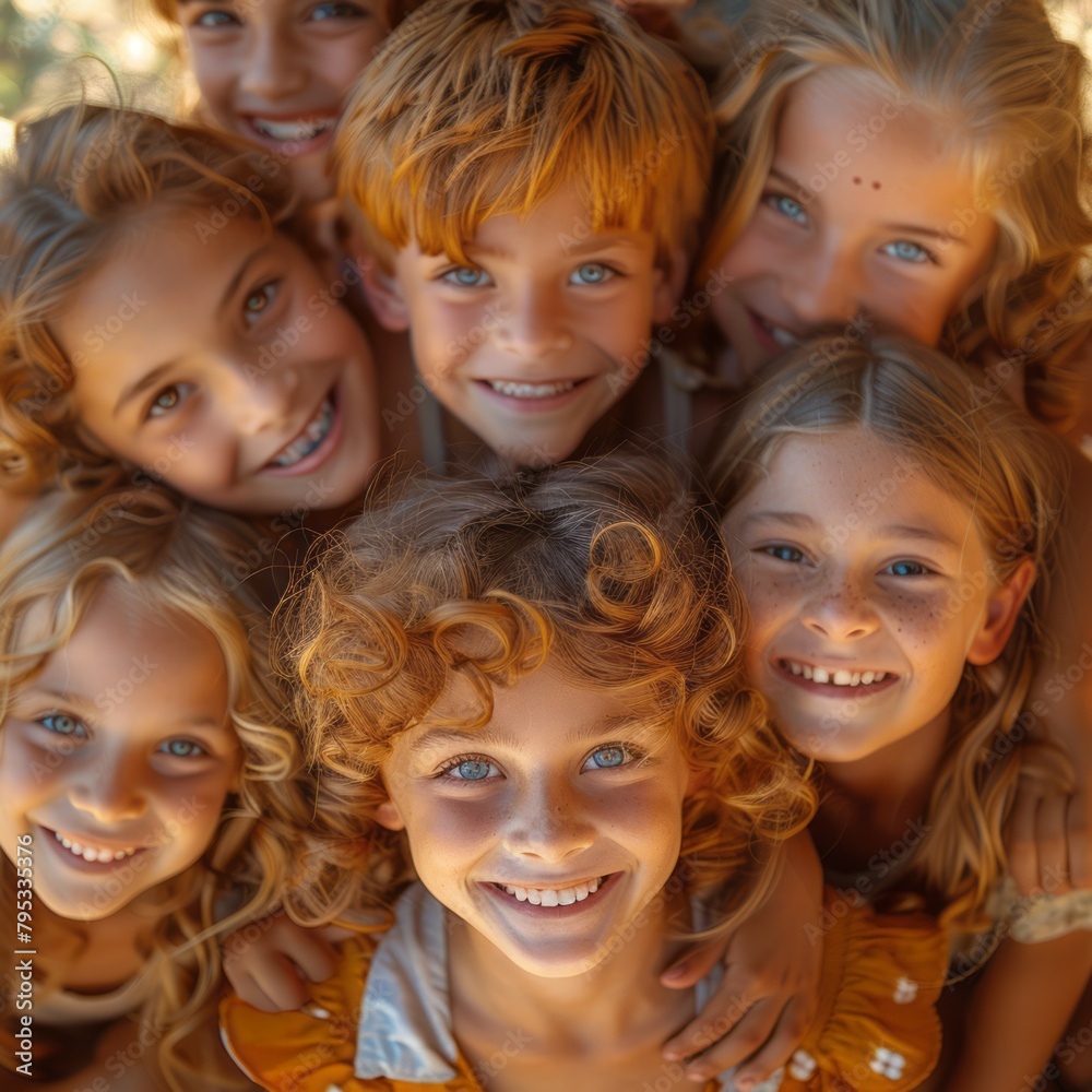 Cheerful Little Children Having Fun and Smiling in Group Portrait, Low View Cheerful Little Children Having Fun and Smiling in Group Portrait, Low View
