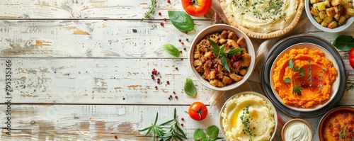 Delicious Thanksgiving turkey dinner. Top view table scene on a rustic white wood banner background. Turkey, mashed potatoes, stuffing, pumpkin pie, and sides.