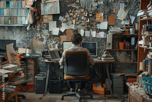 The Weight of Work, A Slouched Figure in a Cluttered Office, Highlighting Strains of Sedentary Behavior and Need for Ergonomic Solutions photo