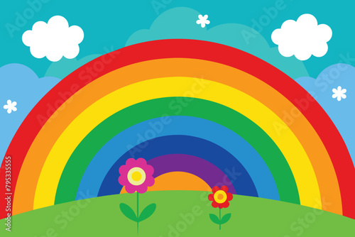 Colorful bright rainbow background with flowers field vector illustration