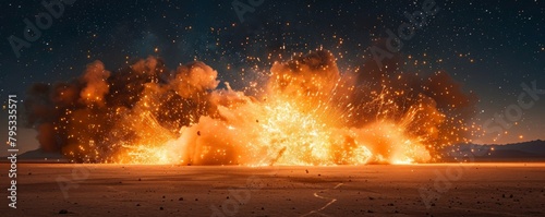 Witness the explosive power of a detonation in the desert sands, as billowing smoke, fiery flames, and dazzling sparks illuminate the night.  photo