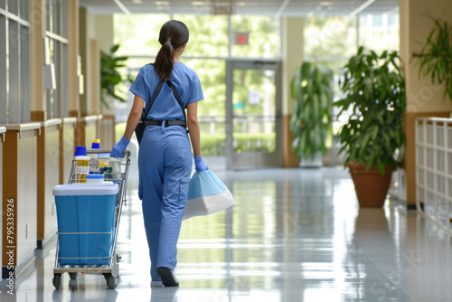 Female janitor with cleaning supplies.