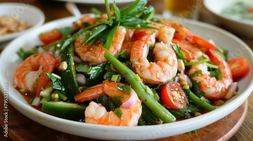Bowl of cooked seafood and fresh veggies