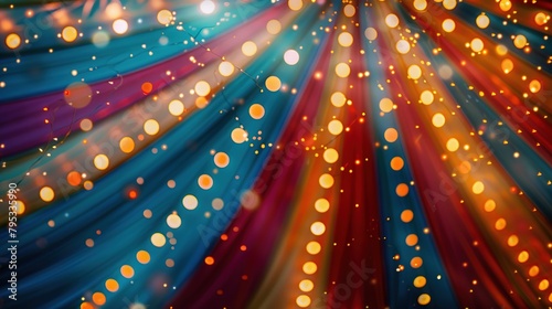 Colorful multi colored circus tent background and twinkling lights with space for copy