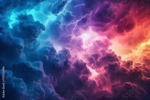 dramatic sky with explosive lightning strike in dark stormy clouds digital illustration photo