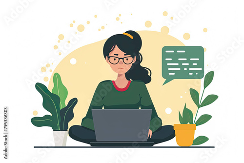 Flat Style Graphic Woman Working On A Laptop With Eco-Friendly Vibe And Empty Bubble Speech