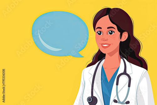 Flat Style Graphic Woman Doctor With Stethoscope And Empty Bubble Speech © Immersive Dimension