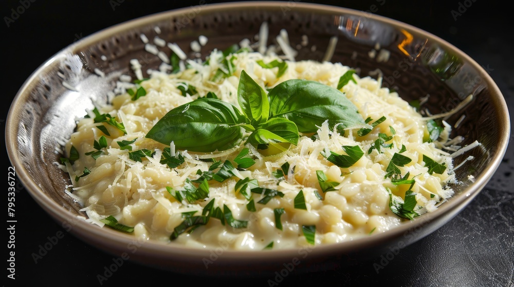 Studio shot of Mozzarella and Mushroom Risotto, garnished with grated Parmesan, glowing under studio lights, on a clean, isolated background