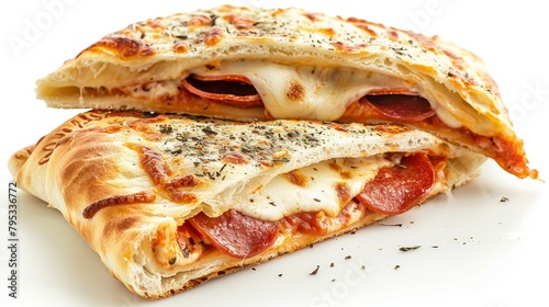 Studio shot of a sliced mozzarella and pepperoni calzone, revealing layers of cheese and sauce, on a stark white background