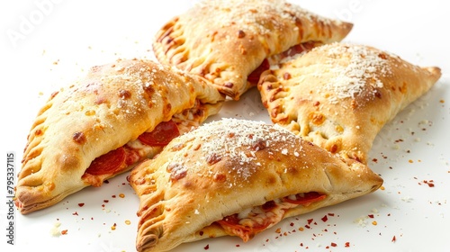 Studio shot from above showing Mozzarella and Pepperoni Stuffed Calzones with visible fillings of cheese and pepperoni, clean isolated background