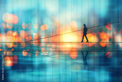 Abstract image of a person walking on a tightrope, with one side representing work and the other side representing personal life, against a blurred background of office, home environments merging toge photo