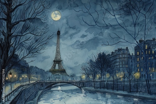 Eerie paris night city art. photo