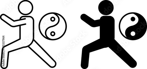 Tai Chi icons. Black and White Vector Icons. A man does health-improving exercises. Symbol of Yin and Yang. Alternative Medicine. Healthy lifestyle. Wellness Concept