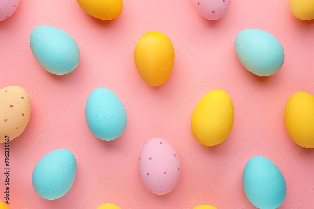 Colorful Easter eggs arranged in a playful pattern against a pastel backdrop
