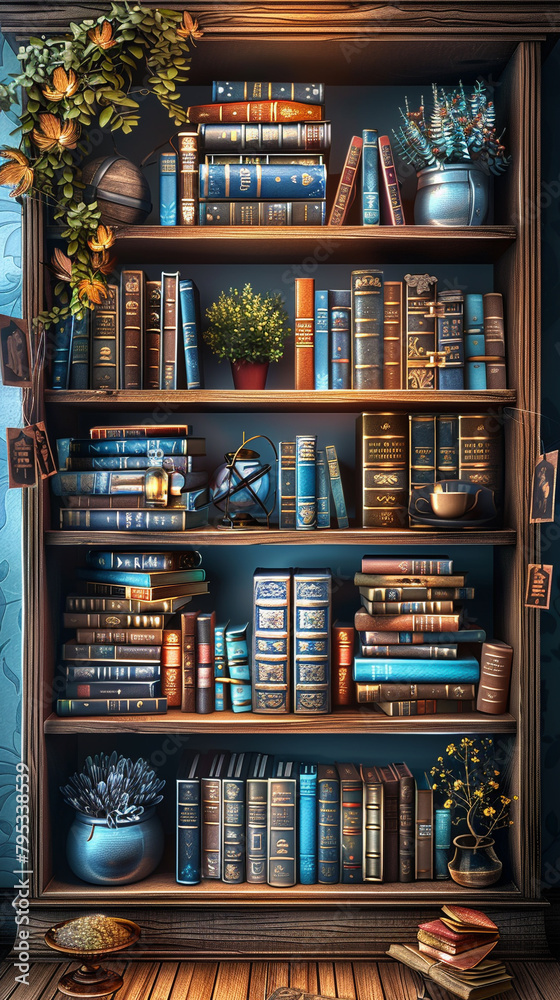 A bookcase filled with books and a potted plant. Scene is cozy and inviting