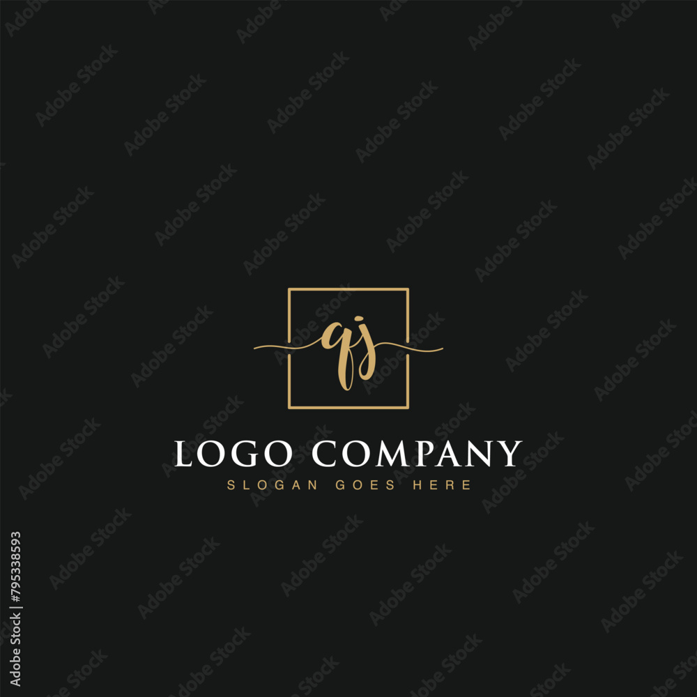 Initials signature letters QJ linked inside minimalist luxurious square line box vector logo gold color designs for brand, identity, invitations, hotel, boutique, jewelry, photography or company signs