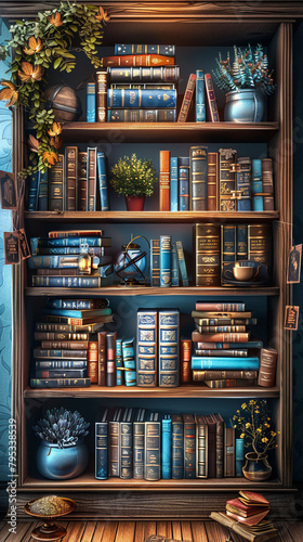 A bookcase filled with books and a potted plant. Scene is cozy and inviting